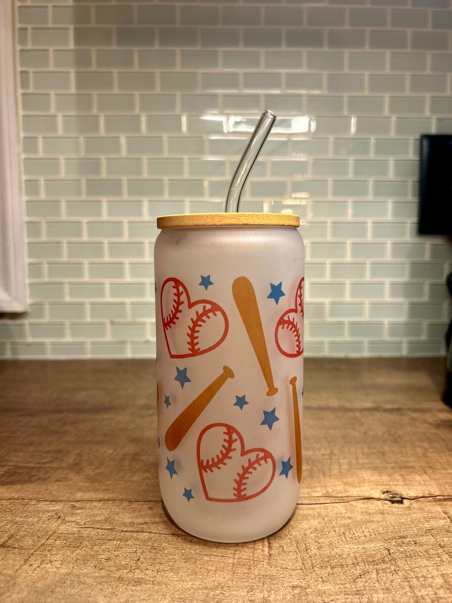 Frosted Love and Baseball Glass Cup