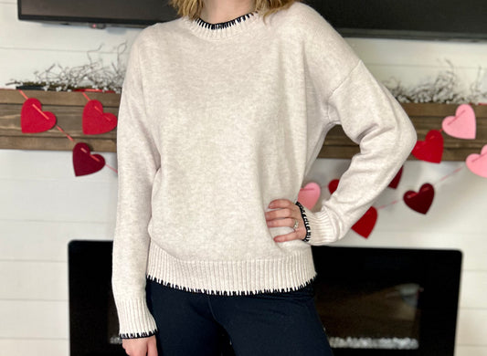 Sleek-Cream Black Split End Sweater