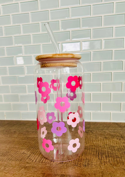 16 Oz Pink Flower Glass Cup