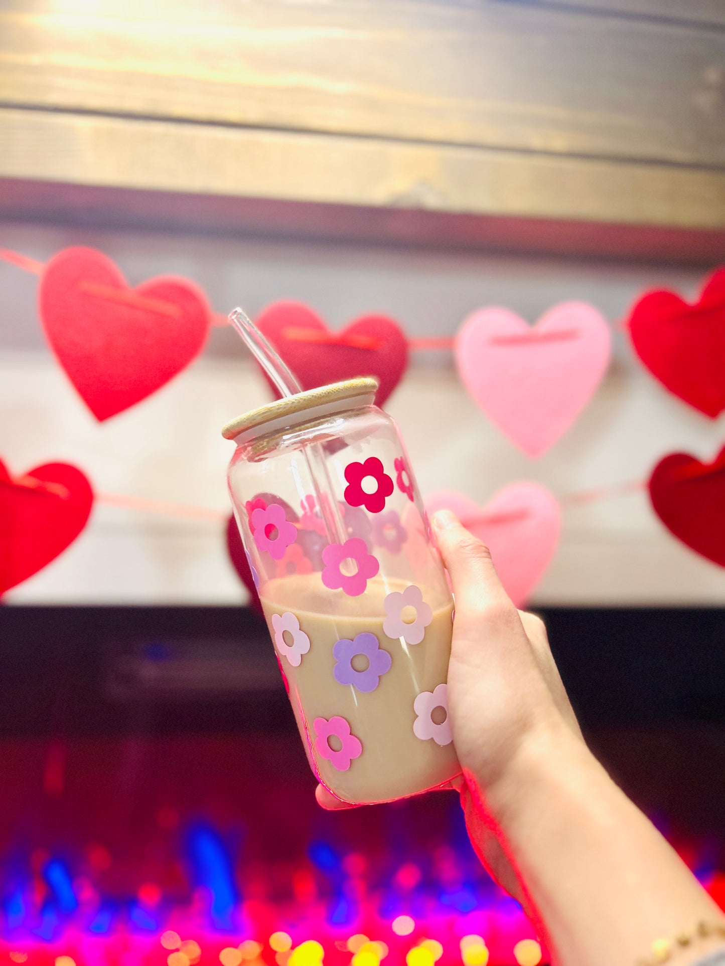 16 Oz Pink Flower Glass Cup