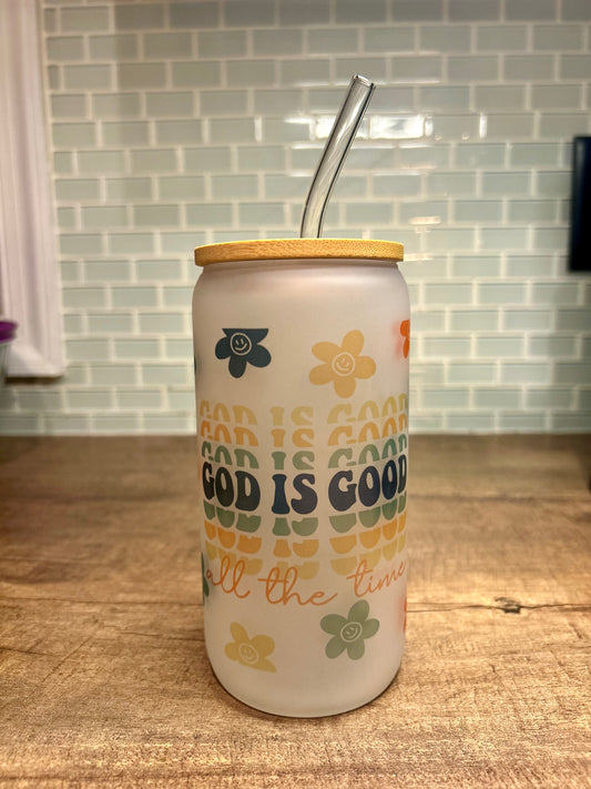 16 Oz Frosted God Is Good Glass Cup