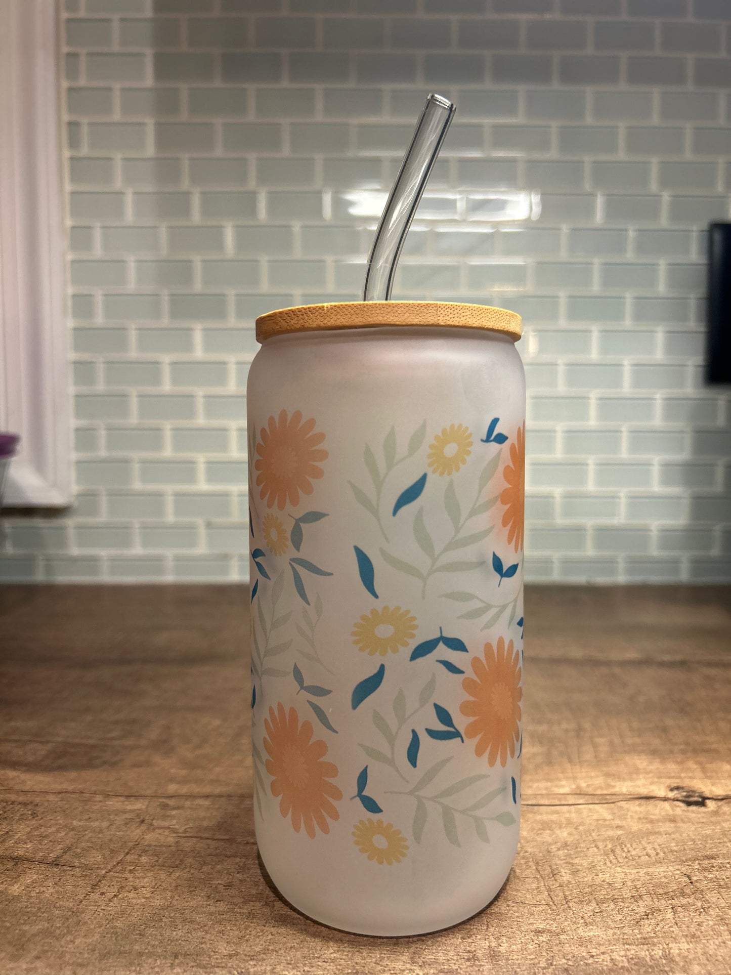 16 Oz Frosted Mama Floral Glass Cup