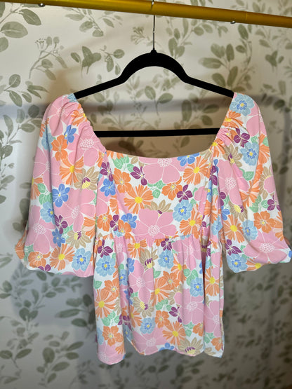 Pink Floral Puff Sleeve Blouse