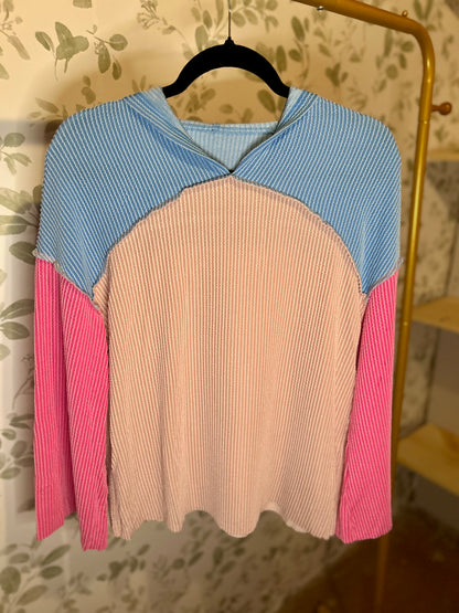 Pink Color Block Patchwork Hooded Blouse