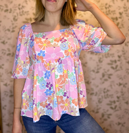 Pink Floral Puff Sleeve Blouse