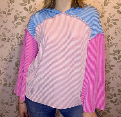 Pink Color Block Patchwork Hooded Blouse