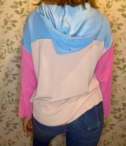 Pink Color Block Patchwork Hooded Blouse