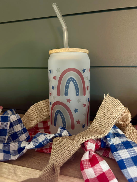 16 Oz Frosted Red White And Blue Glass